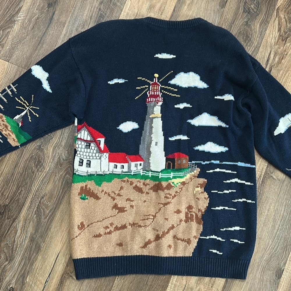 Vintage PBJ Sport Navy Blue Lighthouse Nautical Novelty Cardigan Size Large - Picture 13 of 16